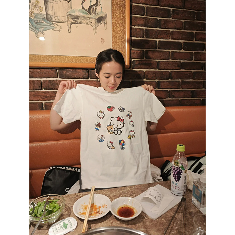 广州十三行外贸清仓捡漏~纯棉美式设计感KT猫印花男女短袖T恤上衣