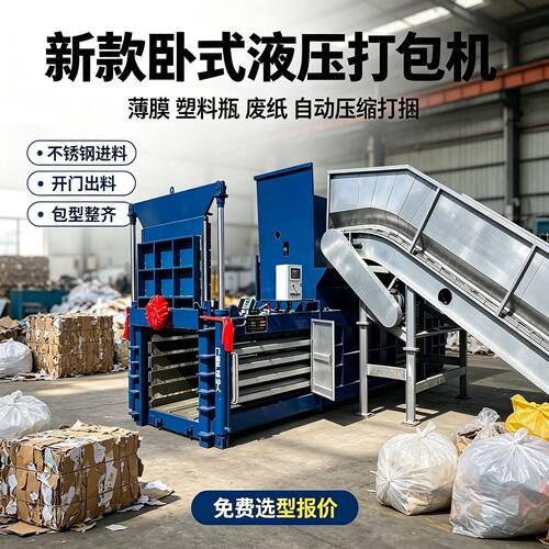 全自动卧式废纸箱打包机120吨废纸液压价格塑料薄膜易拉罐