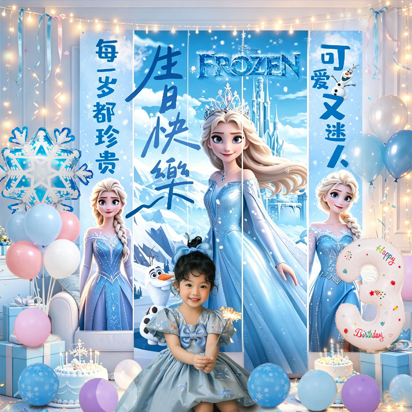 12岁小女孩冰雪奇缘主题艾莎公主生日布置场景装饰气球挂布背景墙