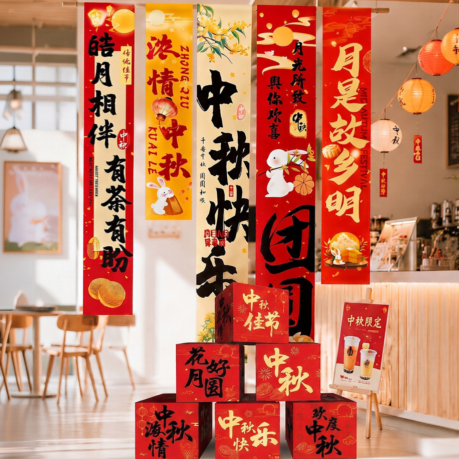 中秋节装饰氛围挂布商场店铺场景布置国庆条幅挂饰背景墙拍照道具