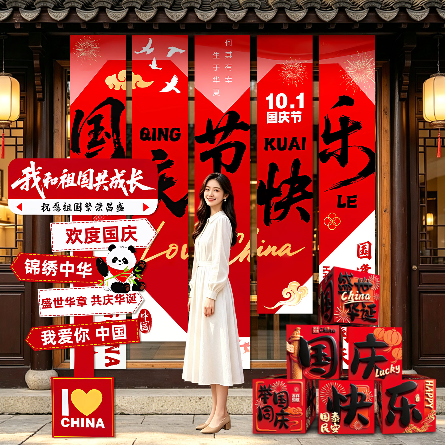 国庆节装饰场景布置商场店铺仪式感氛围美陈道具气球挂布条幅摆件