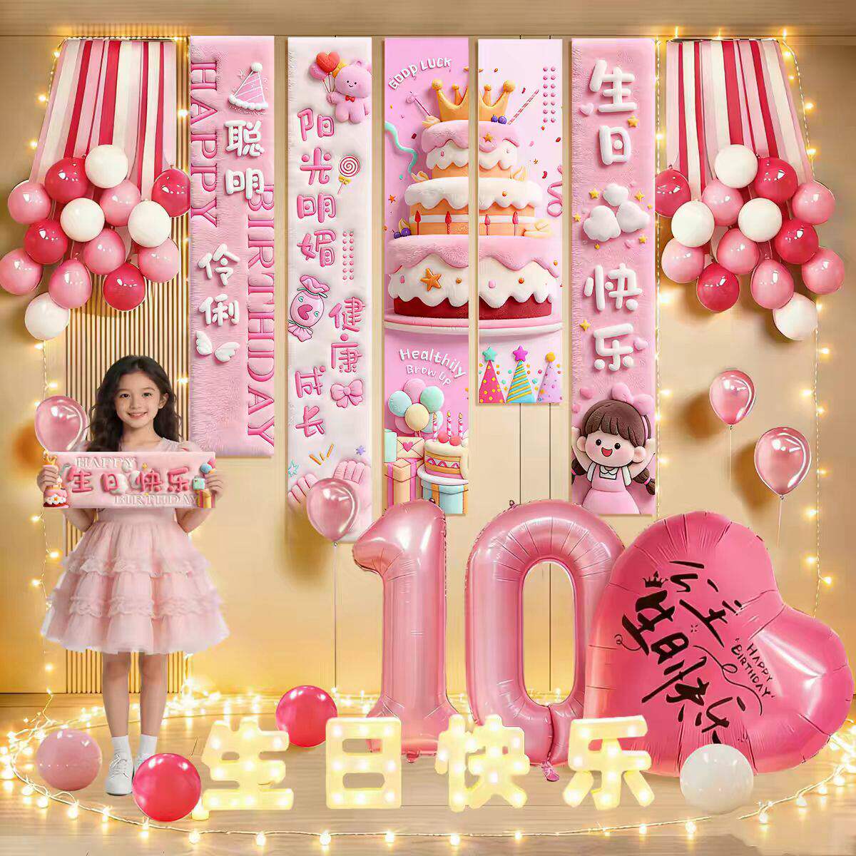生日快乐条幅毛绒氛围感气球装饰小女孩布置挂布儿童场景背景道具