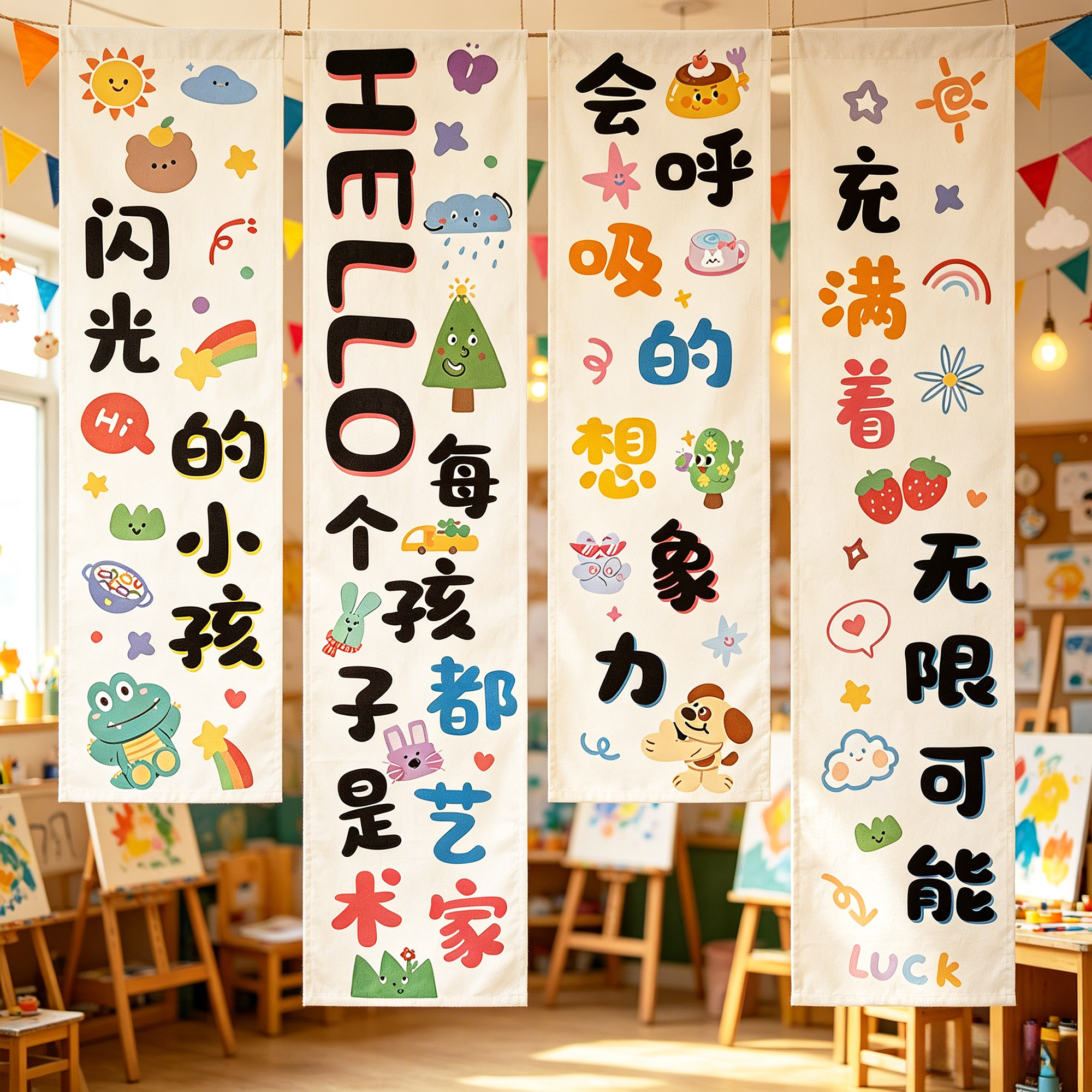 培训班挂布画室美术艺术课招生挂旗你好闪光的小孩横幅氛围多彩开