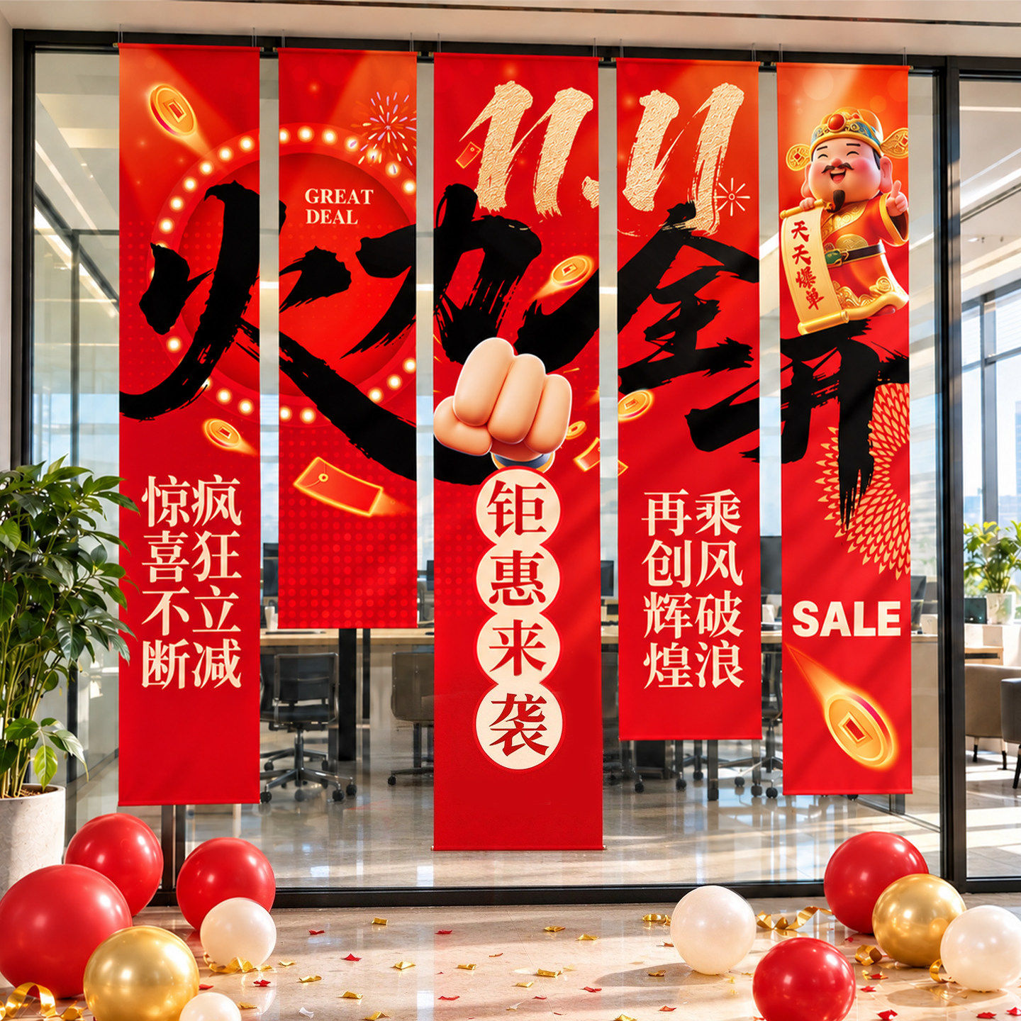 双十一氛围布置11场景活动装饰电商公司大促销直播间美业挂布条幅