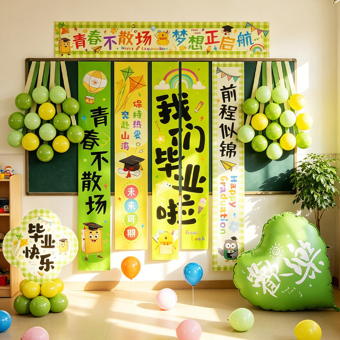 幼儿园毕业季氛围感条幅场景布置拍照背景装饰挂布多巴胺气球摆件