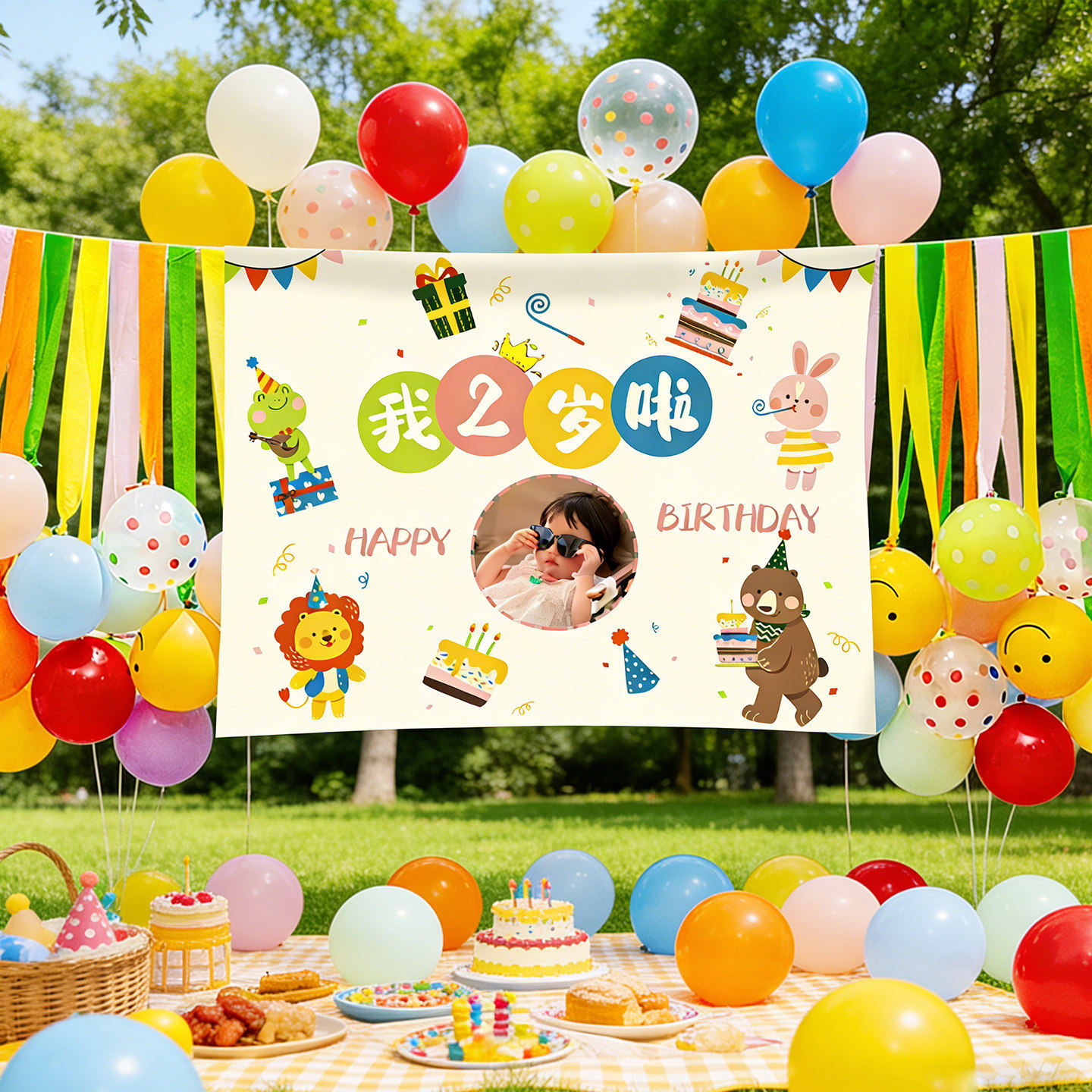 户外露营生日海报背景挂布彩带气球装饰拍照场景布置儿童派对聚会
