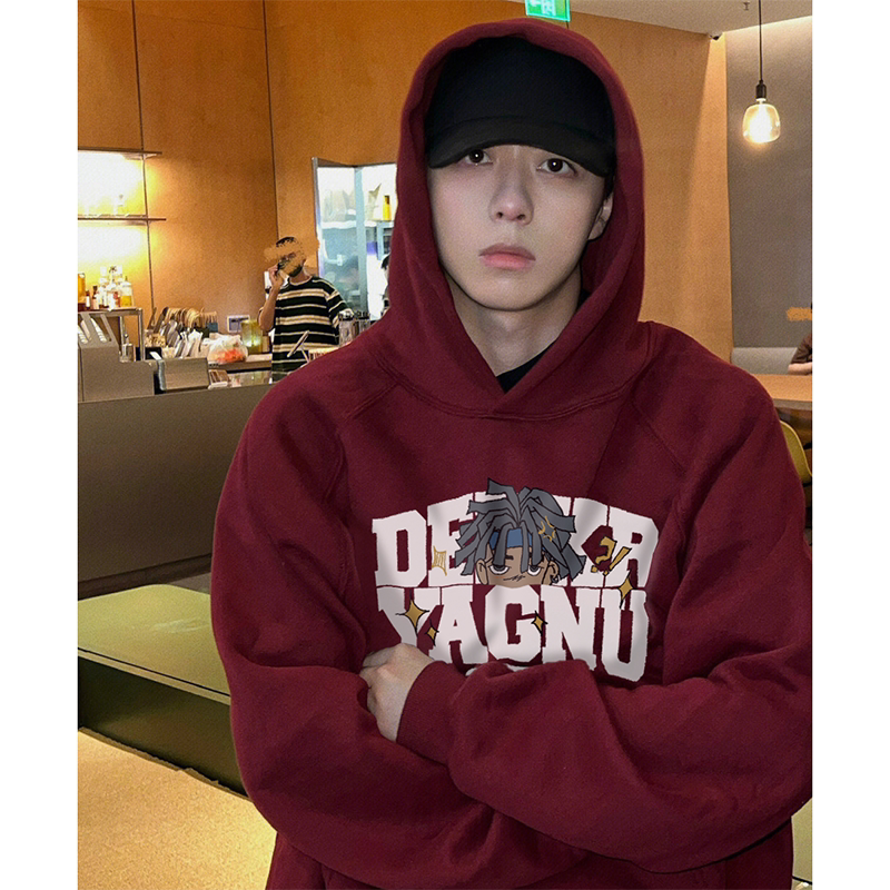 힙합 아메리칸 레터 프린트 벨벳 후드 티셔츠 남성 트렌드 성격 잘 생긴 스트리트 루스 자켓