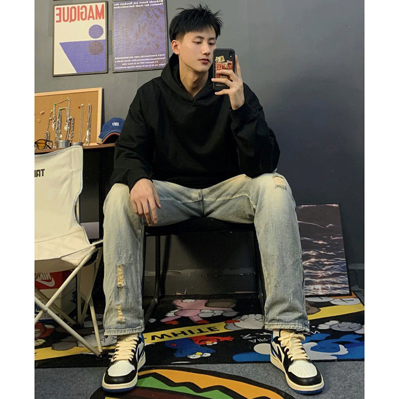 남성용 아메리칸 베이직 솔리드 컬러 벨벳 두꺼운 후드 티셔츠 가을 겨울 트렌디 브랜드 루즈하고 다재다능한 커플 탑