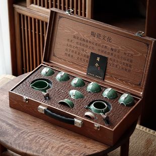 家用简约会客轻奢中式 哥窑功夫茶具套装 陶瓷泡茶壶批发高档礼品盒