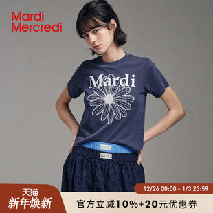 正肩全棉韩系新款 MardiMercredi小雏菊复古印花短袖 t恤上衣女修身
