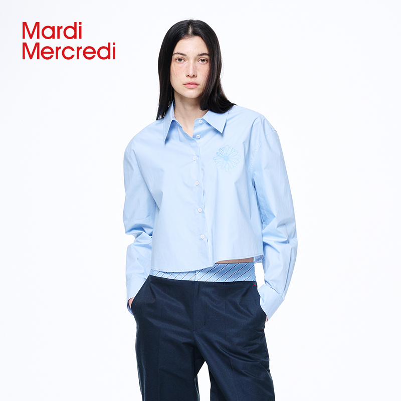 MardiMercredi小雏菊刺绣短款长袖衬衫休闲百搭通勤显瘦上衣女