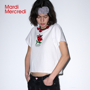MardiMercredi元气植物图案印花白色短袖t恤上衣女修身正肩新款