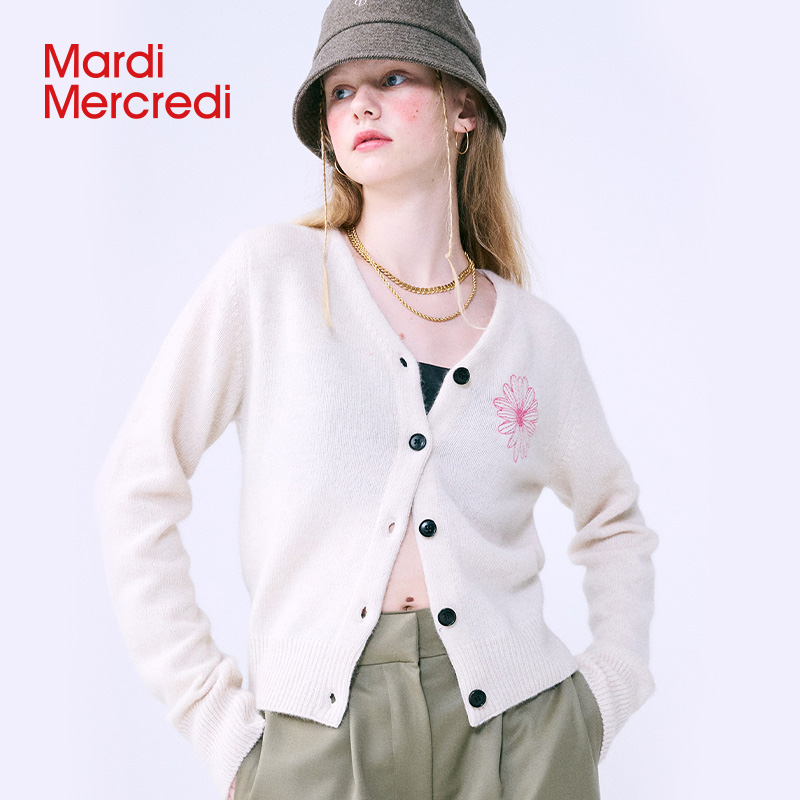 MardiMercredi小雏菊刺绣V领开衫
