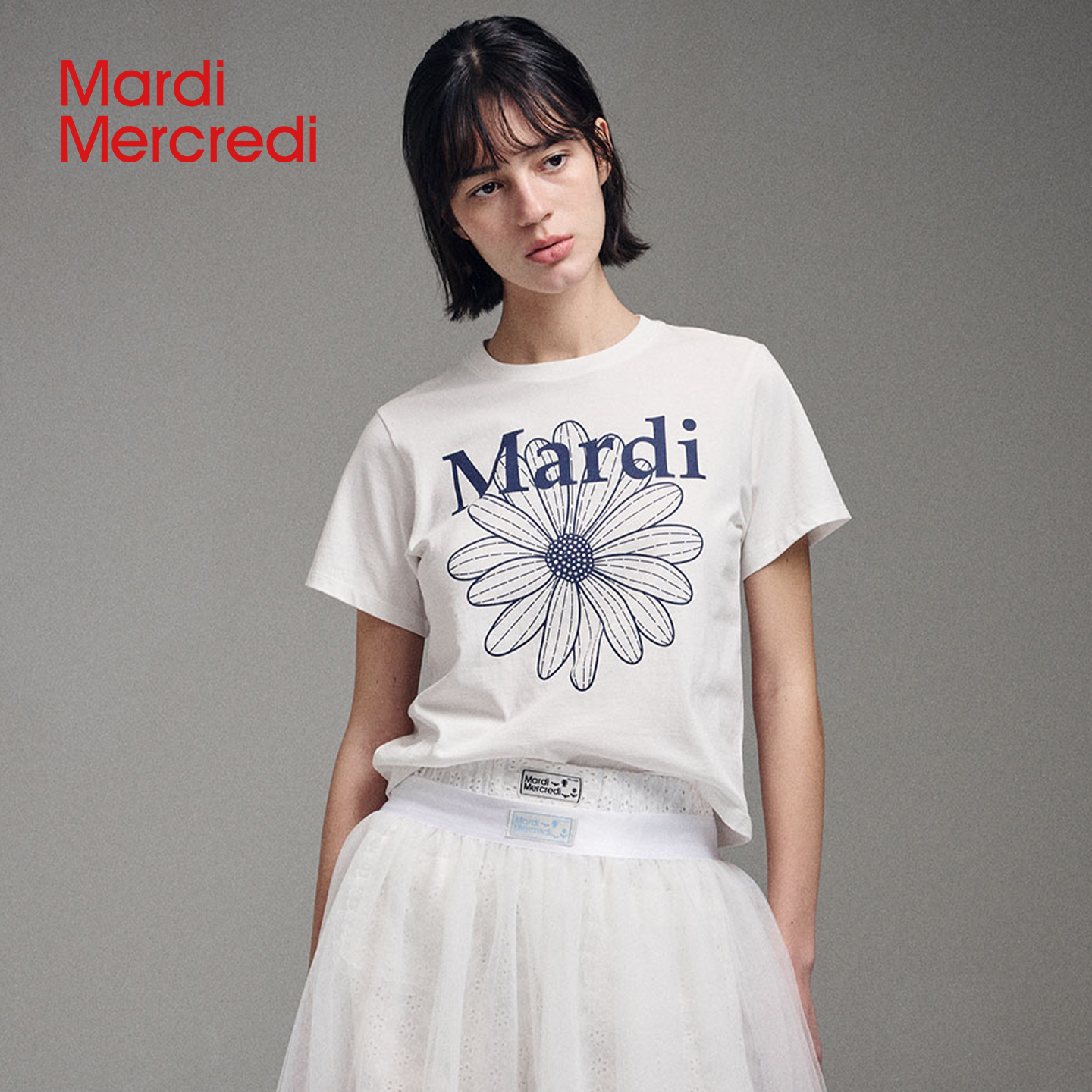 MardiMercredi小雏菊印花修身短袖t恤正肩显瘦半袖上衣女夏季新款