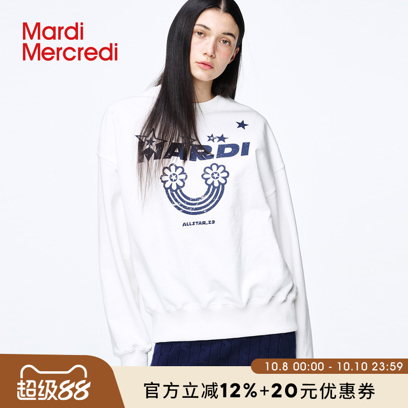 MardiMercredi字母彩虹圆领套头卫衣宽松百搭休闲上衣男女情侣