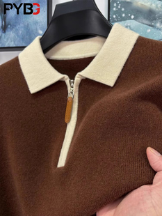 高端绵羊毛半拉炼男士长袖T恤秋冬季2025新款翻领polo衫卫衣男款