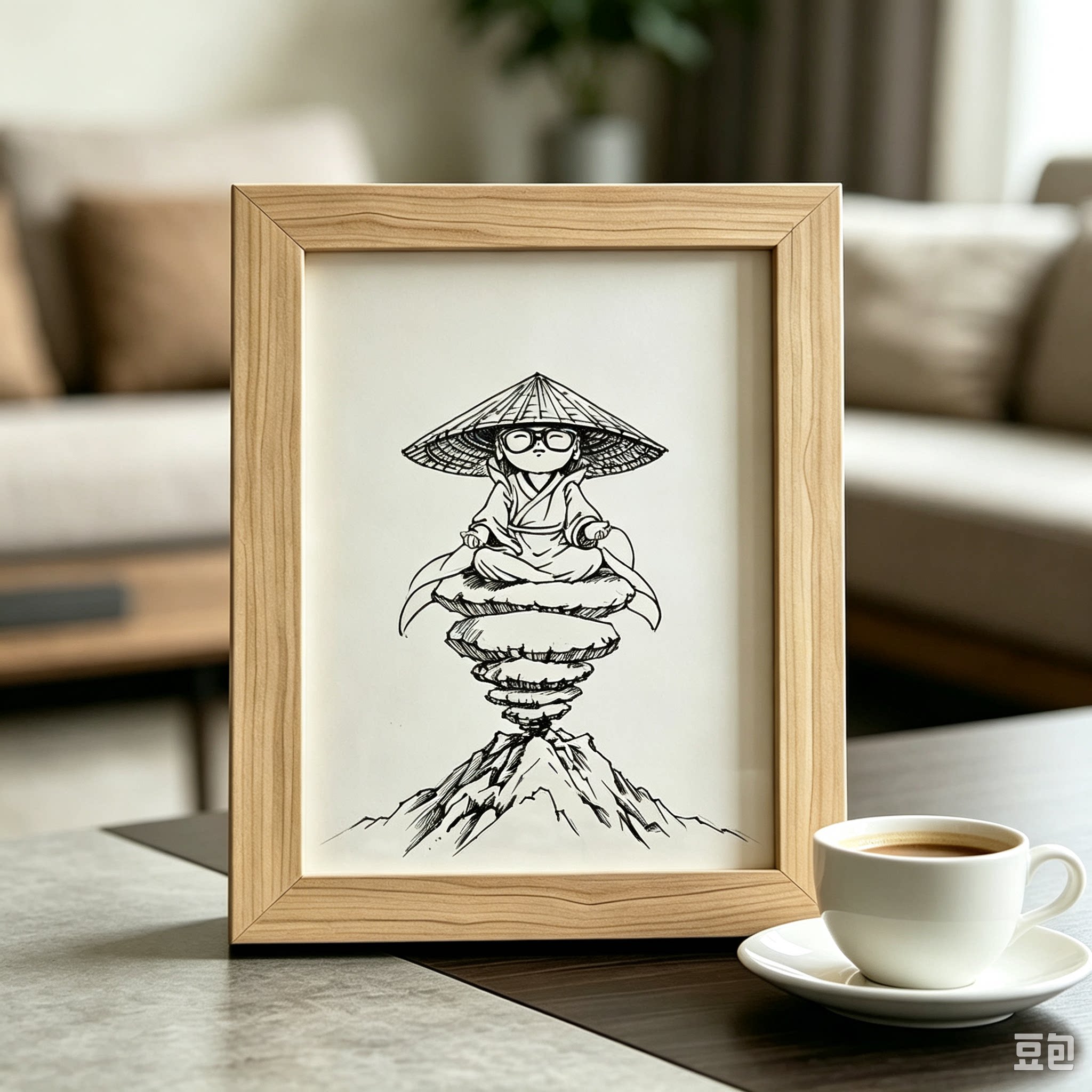 个性手绘禅意小和尚装饰画办公室木质有框挂画简约艺术画