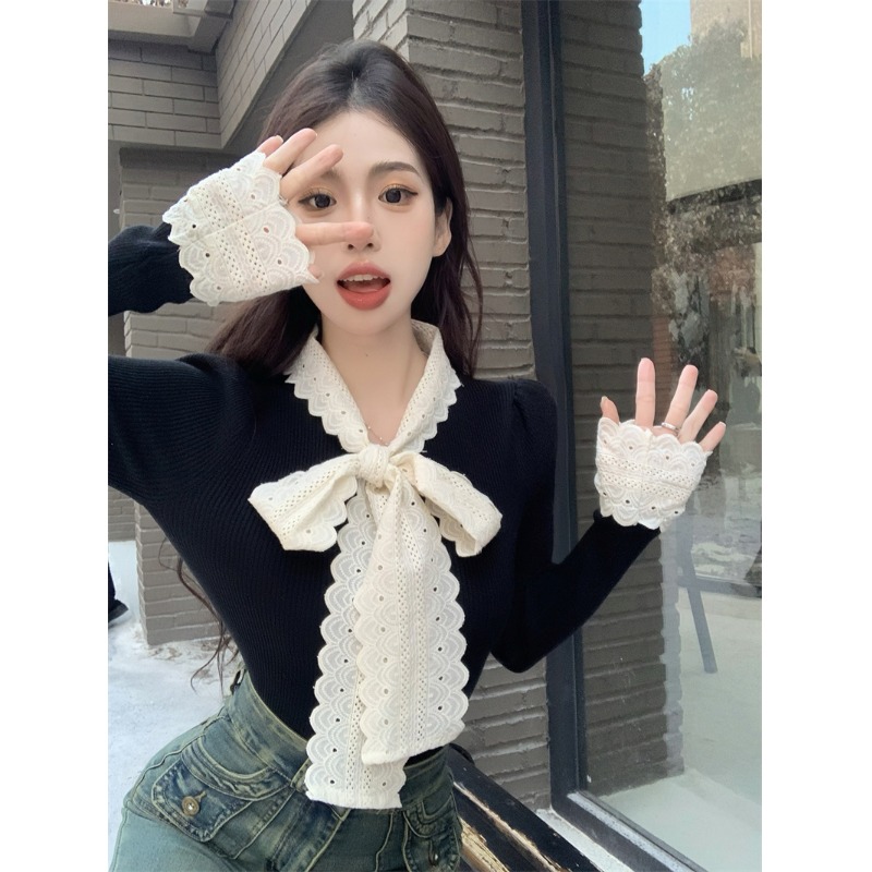 春季小香风蝴蝶结针织衫女蕾丝打底衫内搭泡泡袖上衣圣诞红色上衣