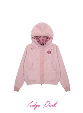 Fudge Pink 25冬季New甜美少女个性设计豹纹连帽毛衣开衫