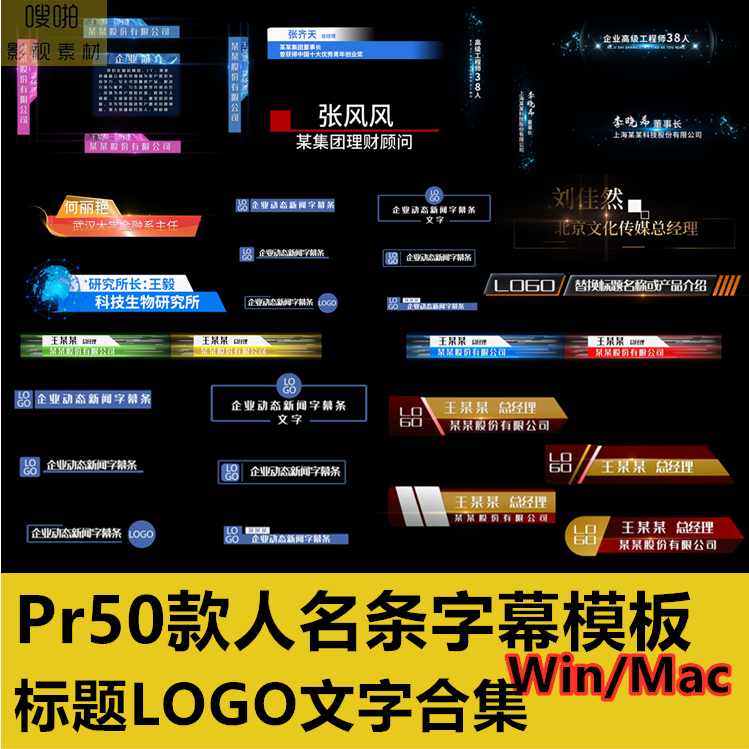 Pr模板50款人名条字幕标题logo视频动态文字人物介绍电视栏职位 商务/设计服务 设计素材/源文件 原图主图