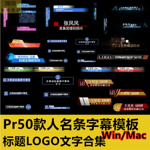 Pr模板50款人名条字幕标题logo视频动态文字人物介绍电视栏职位