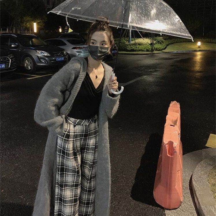 灰色毛衣开衫外套女中长
