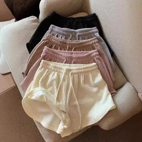 女士短裤华夫格新款夏季高腰大码短裤网红健身运动裤宽松休闲裤