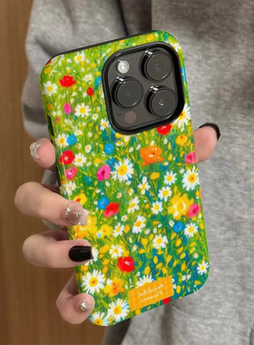 适用苹果16promax手机壳iPhone15新款iP14女12/13简约xsmax绿色花朵8个性防摔11保护套7高级plus菲林二合一xr