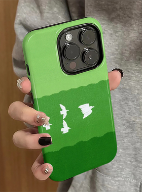 绿色小鸟适用苹果17promax手机壳iPhone16pro春天15pro简约14女13日韩xsmax新款12防摔11保护套8/7plus菲林x