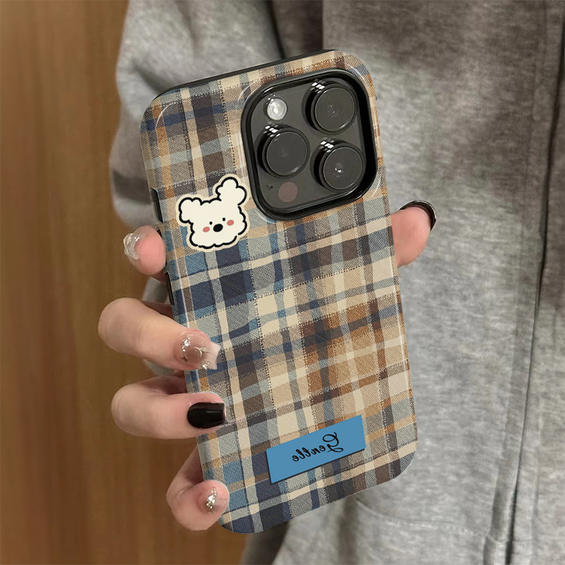 适用苹果16promax手机壳iPhone15新款iP14/13女12个性简约xsmax格子小狗8高级防摔11创意7小众plus菲林二合一