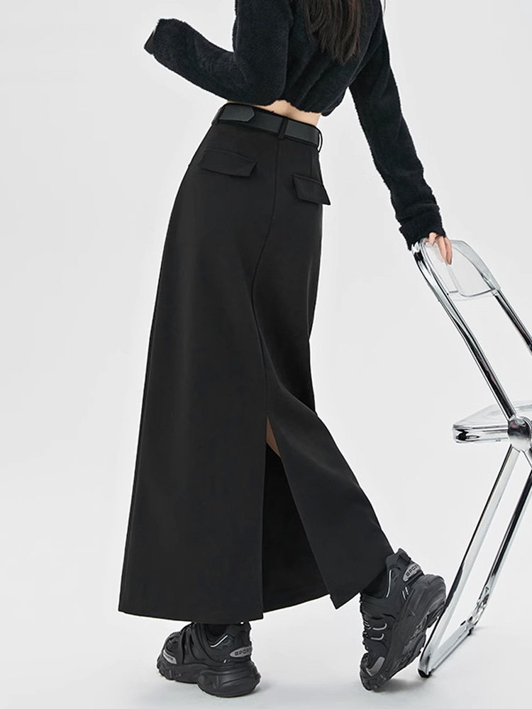 黑色毛呢半身裙女春秋季2025新款高腰显瘦a字包臀裙后开叉中长裙,女装/女士精品,大码半身裙,淘宝优惠券,粉丝福利购,淘宝优惠卷