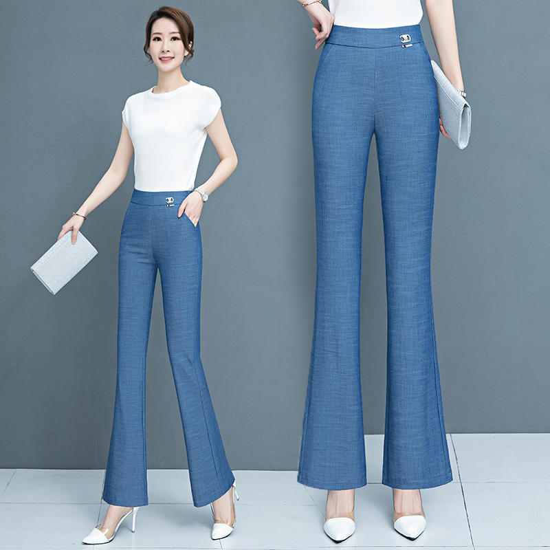 egmg天丝微喇牛仔裤女夏季2025新款高腰冰丝薄款阔腿喇叭九分裤子