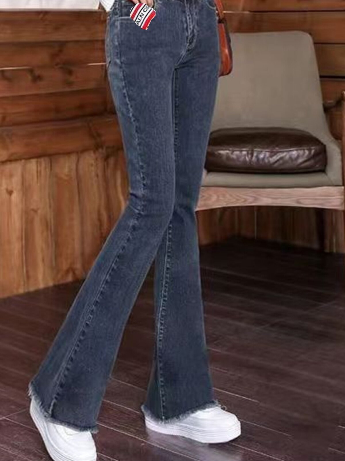 蓝灰色加绒微喇叭牛仔裤女春秋季高腰显瘦小个子九分毛边马蹄裤子