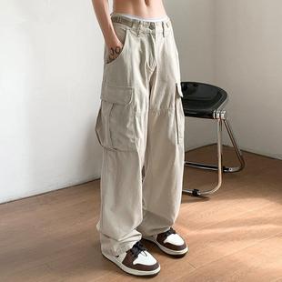 Solid loose straight cargo pants for men宽松直筒拖地工装裤男