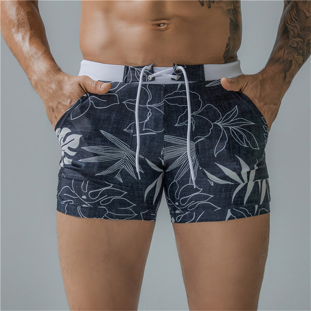 Fashion Print Lace Up Flat Corner Swimsuit印花系带平角泳裤男