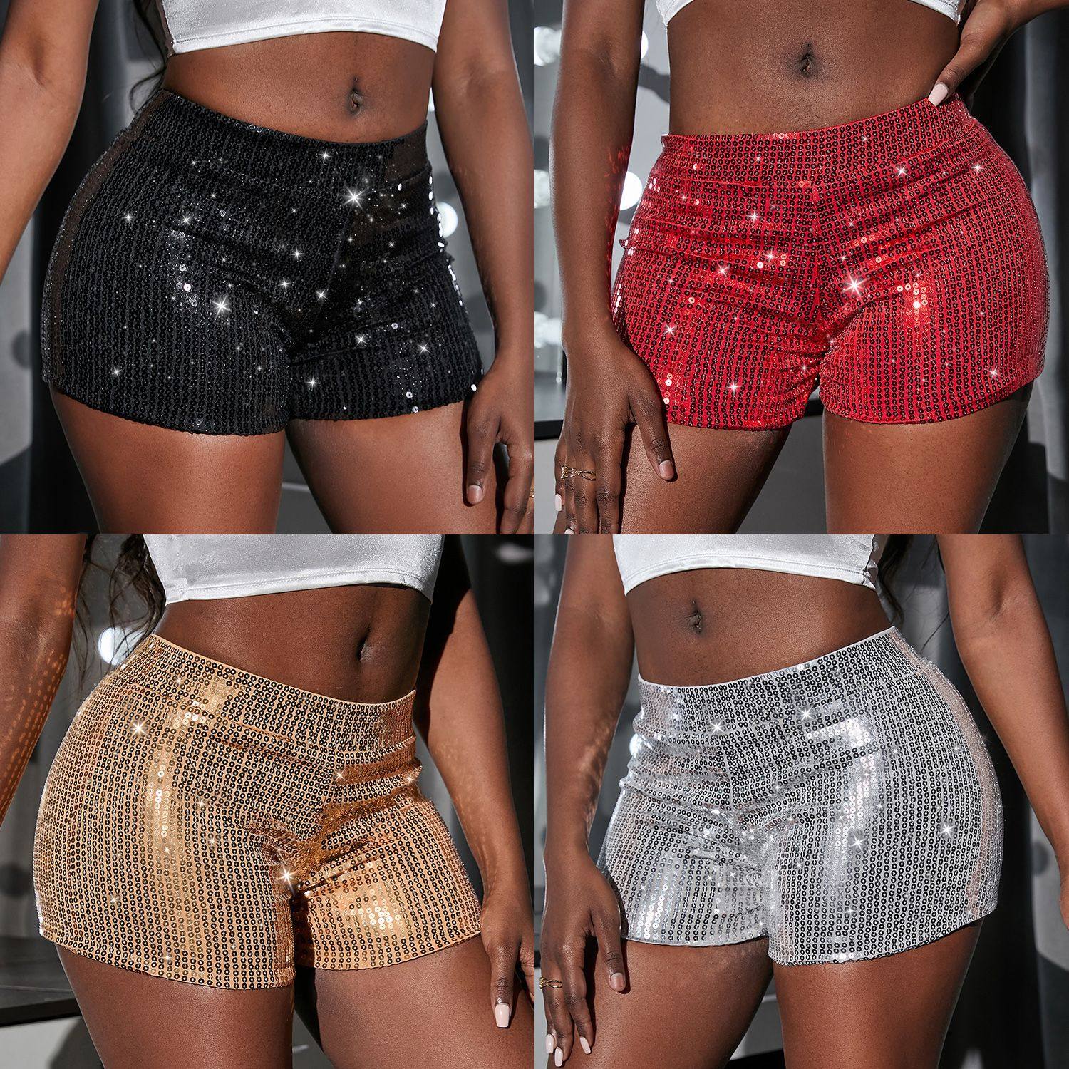 Fashion High Waist Sequin Tight Shorts时尚高腰亮片紧身短裤女