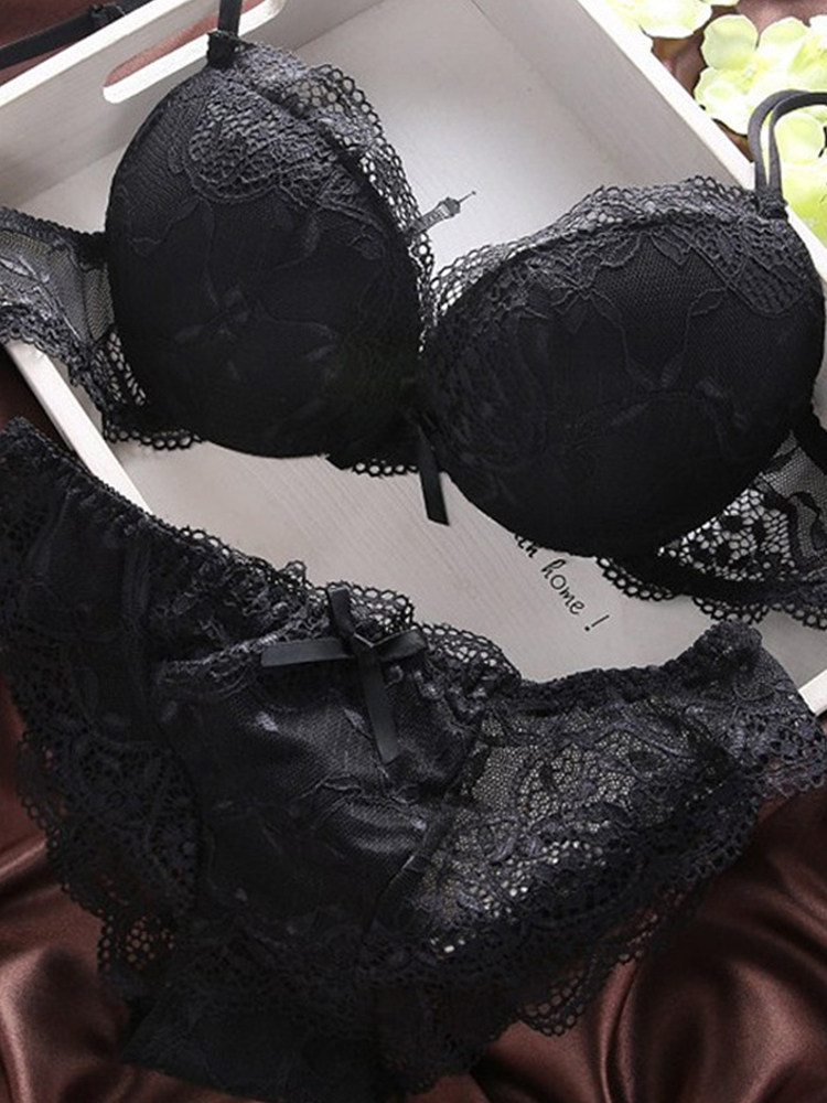 solid color gathered lace strap bra set 聚拢蕾丝吊带文胸套装