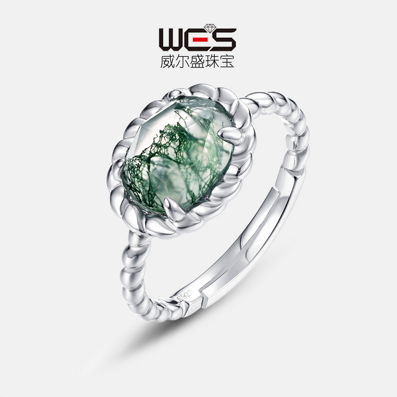 新款麻花爪镶天然绿苔藓石戒指S925银镀18K金镶水草玛瑙开口戒女