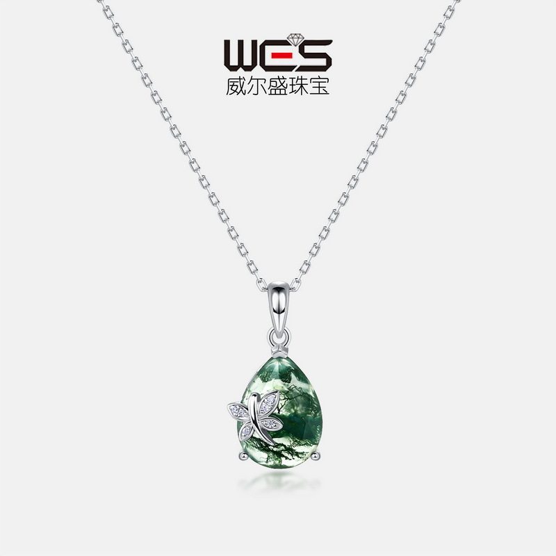 蝴蝶绿苔藓项链女S925银镀18K金PT950铂金天然水草玛瑙锁骨链