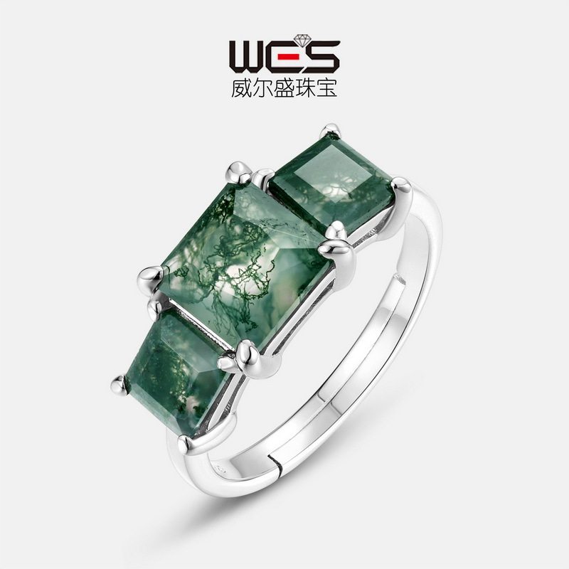 大气轻奢天然绿苔藓石戒指S925银镀18K金PT950铂金镶水草玛瑙指环