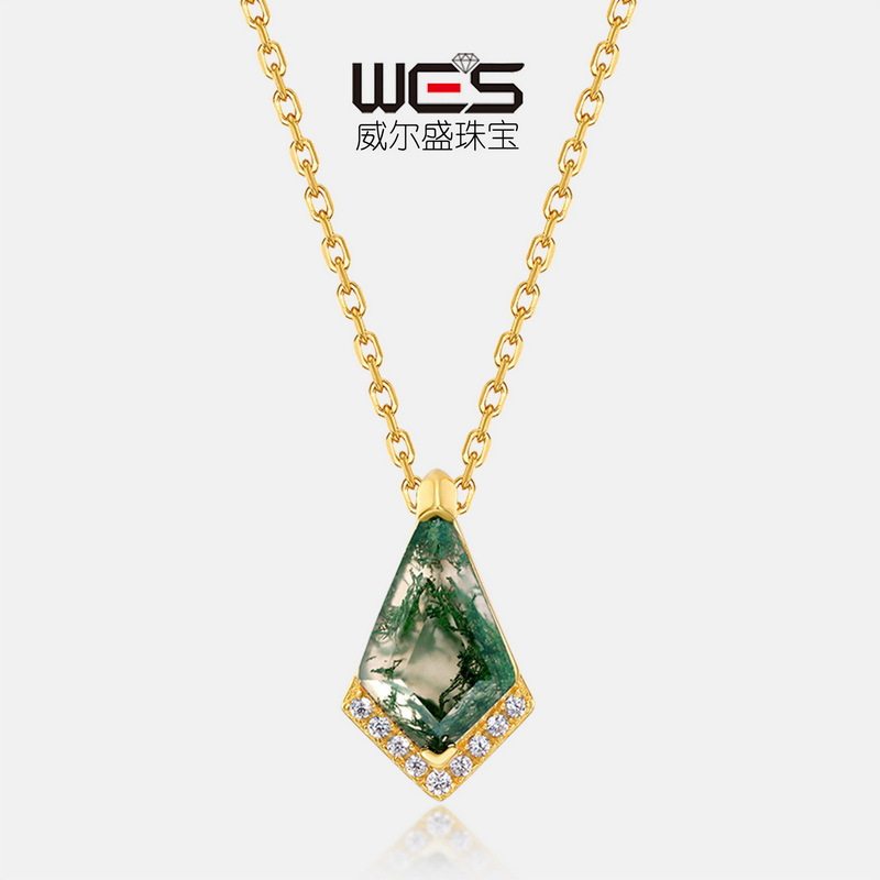 新款几何水草玛瑙项链S925银镀18K金镶嵌彩宝宝石绿苔藓石锁骨链