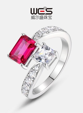 新款培育红宝戒指S925银镀18K金PT950铂金培育祖母绿彩宝双钻指戒