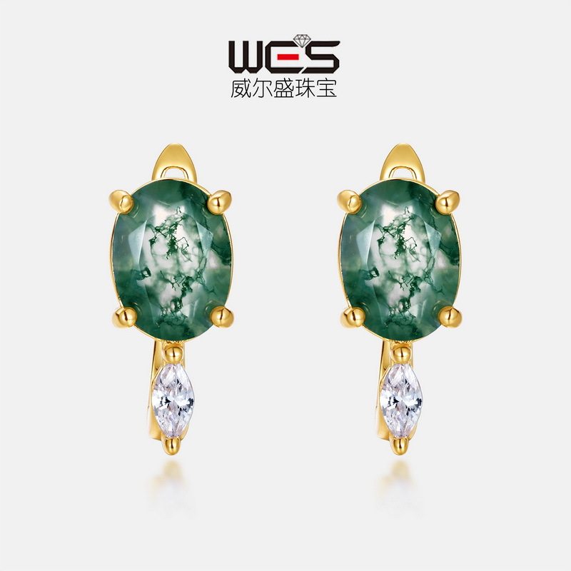 蛋形天然水草玛瑙耳饰女S925银镀18K金镶彩宝石绿苔藓石耳钉耳环