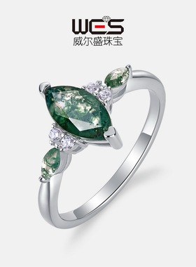 新款个性马眼天然绿苔藓石戒指S925银镀18K金PT950铂金指戒百搭