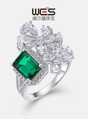 新款花瓣彩宝戒指S925银镶嵌培育祖母绿时尚复古指戒欧美大气轻奢