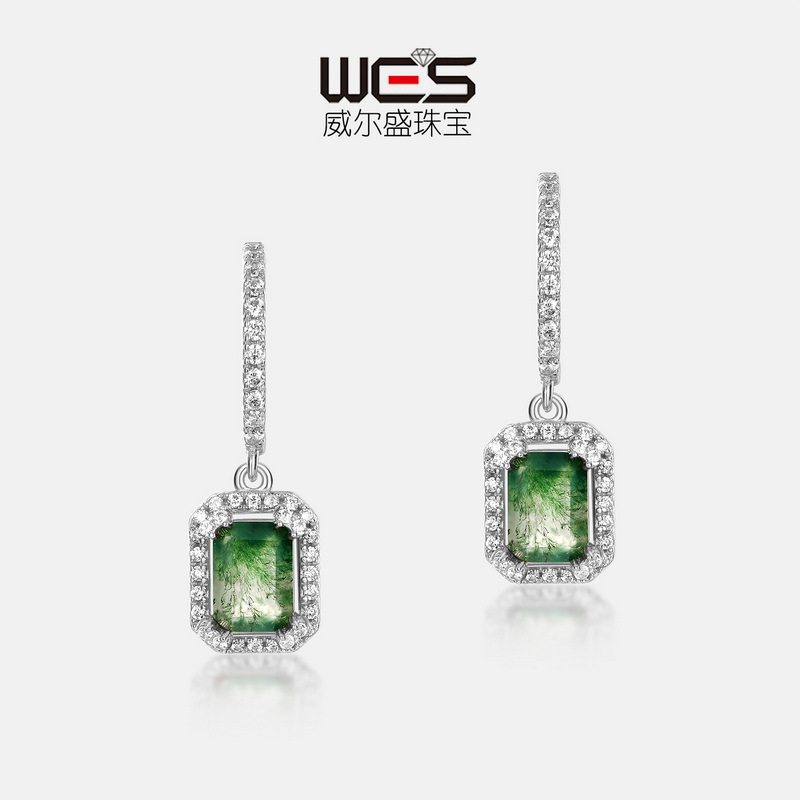 新品S925银镀18K金镶嵌彩宝宝石绿苔藓石耳环水草玛瑙耳坠风时尚
