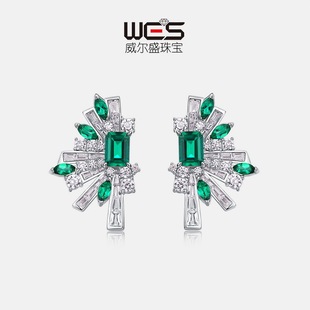 新款几何半边扇形耳饰S925银镀18K金镶嵌彩宝宝石培育祖母绿耳钉