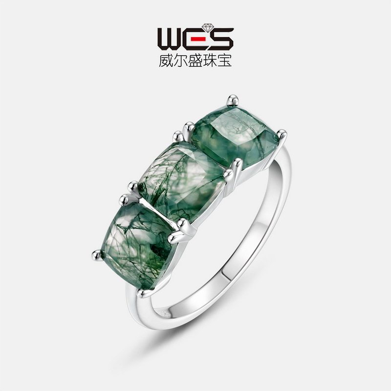 新款简约枕型水草玛瑙戒指S925银镀18K金PT950铂金镶绿苔藓石指环