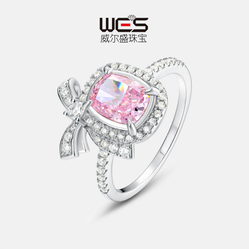 欧美蝴蝶结戒指女S925银镀18K金镶嵌彩宝宝石冰花切高碳钻指戒