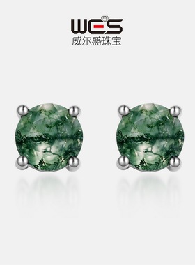 素面水草玛瑙圆形耳钉S925银镀18K金镶嵌彩宝宝石镶绿苔藓石耳饰